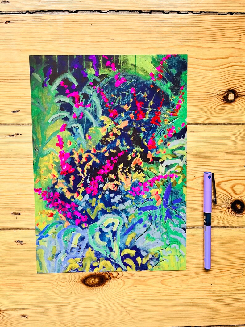 May include: Abstract painting featuring vibrant colours, including pink, blue, green, and yellow. The painting showcases a range of brushstrokes and textures, resulting in a dynamic and energetic composition.