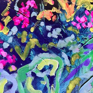 May include: Abstract painting with bright pink, yellow, green, and blue brushstrokes on a dark blue background.