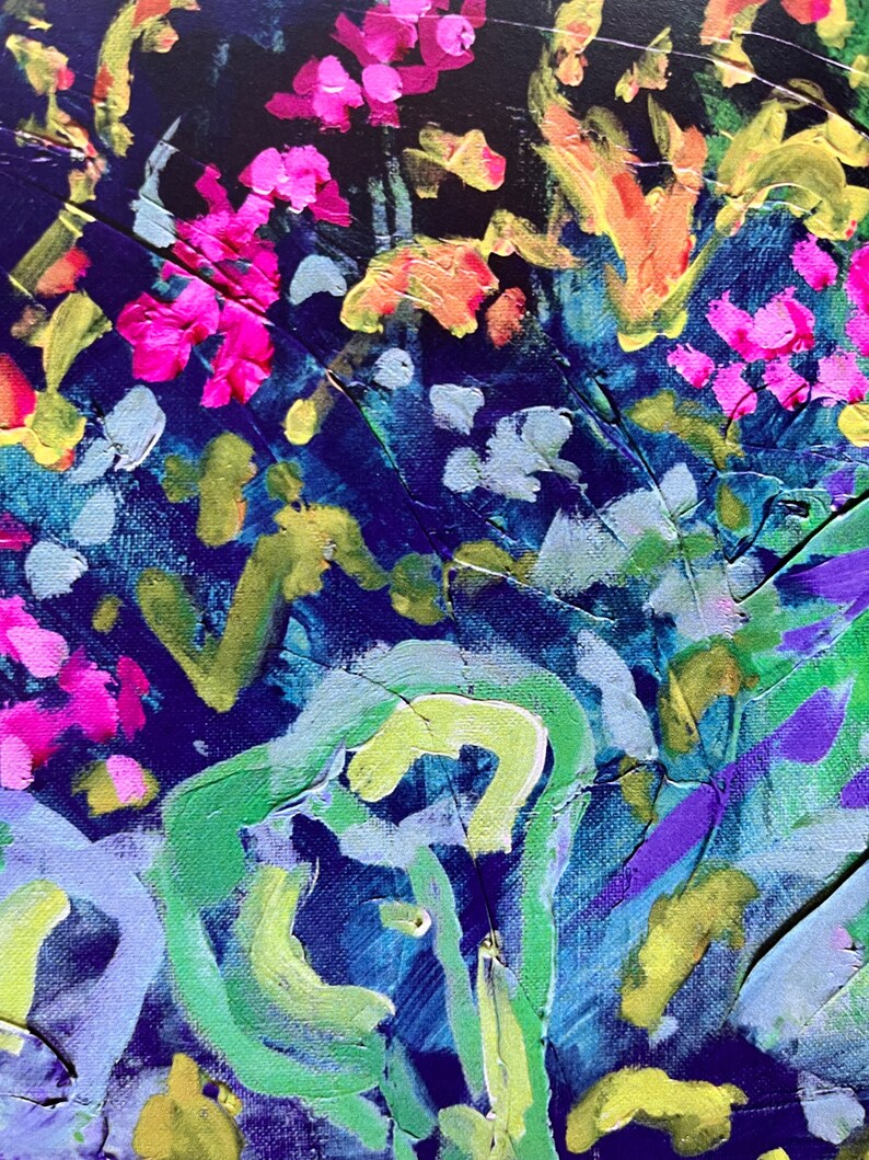 May include: Abstract painting with bright pink, yellow, green, and blue brushstrokes on a dark blue background.