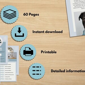 May include: A digital pet care guide with 60 pages, available for instant download and printable. The guide includes detailed information on health care, grooming, and veterinary visits. A pug in a denim shirt is featured in the corner.