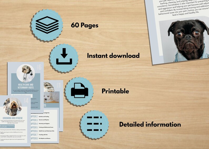 May include: A digital pet care guide with 60 pages, available for instant download and printable. The guide includes detailed information on health care, grooming, and veterinary visits. A pug in a denim shirt is featured in the corner.