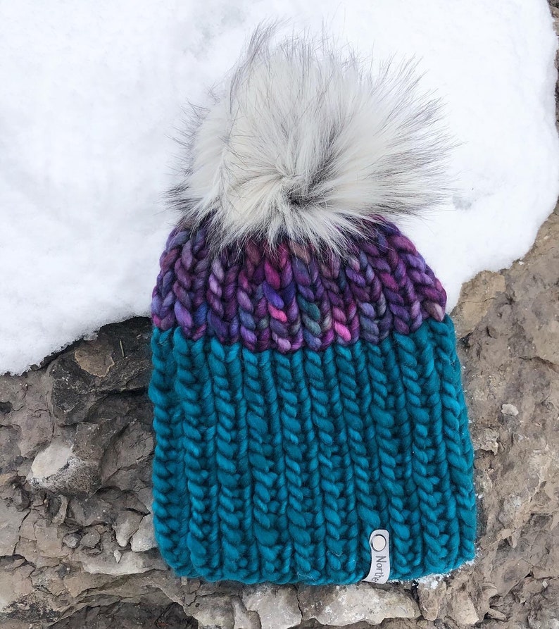Merino wool knit hat Ready to Ship Faux Fur Pompom Chunky Knit Hat Free Shipping Adult Knit Hat OOAK