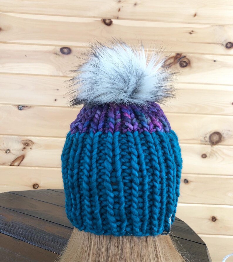 Merino wool knit hat Ready to Ship Faux Fur Pompom Chunky Knit Hat Free Shipping Adult Knit Hat OOAK