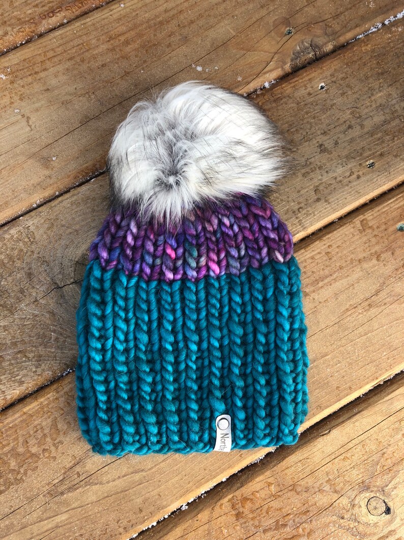 Merino wool knit hat Ready to Ship Faux Fur Pompom Chunky Knit Hat Free Shipping Adult Knit Hat OOAK