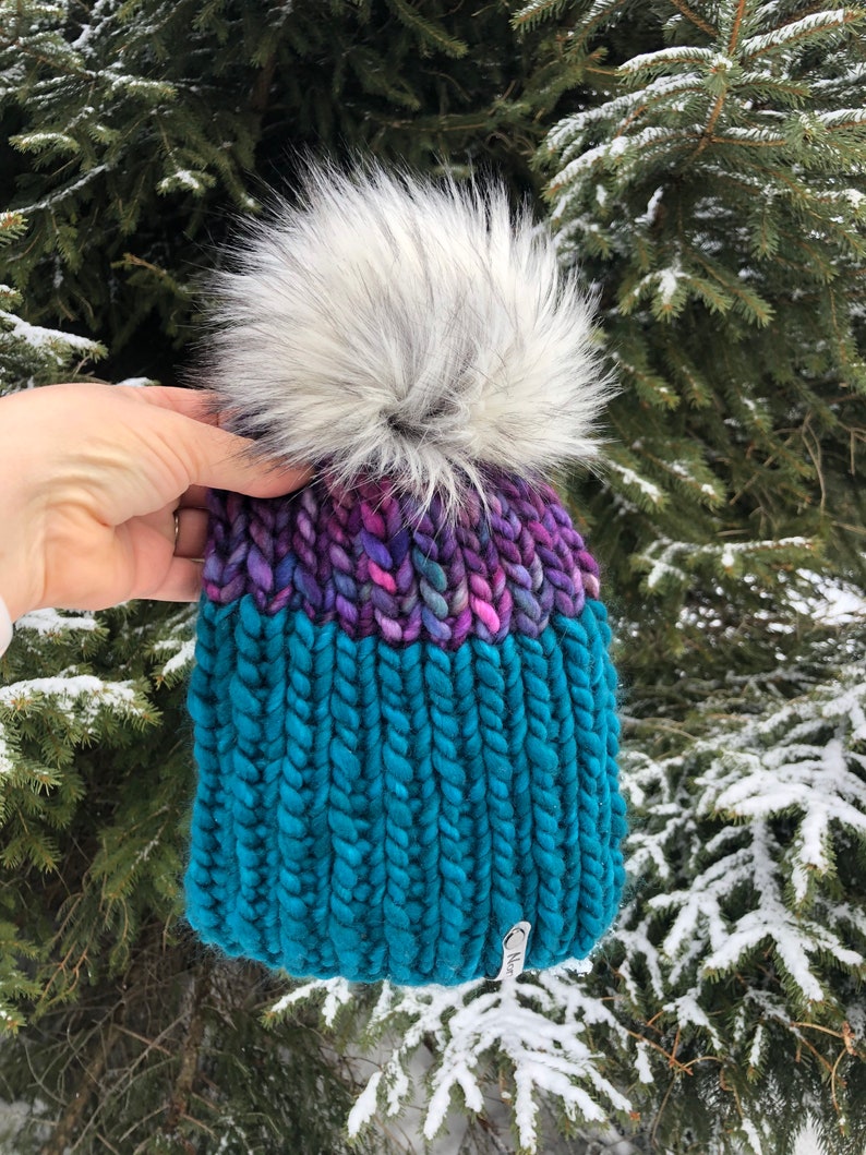 Merino wool knit hat Ready to Ship Faux Fur Pompom Chunky Knit Hat Free Shipping Adult Knit Hat OOAK