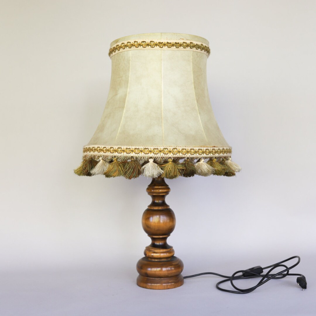 Extra Large Dark Oak Table Lamp Base With Beige Leather Etsy