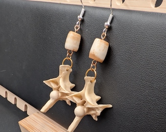Vintage Rattlesnake Vertebrae Upcycled Repurposed Bone Bead .925 Silver Earrings