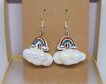 Ceramic Rainbow and Iridescent Cloud Bead Earrings