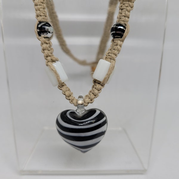 Black and White Glass Heart Pendant and Glass Bead Hemp Necklace