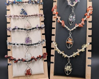Crystal Stone Chips Wire Wrapped Tree of Life Pendant and Crystal Chip Hemp Necklace