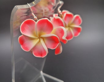 Plumeria Flower Polymer Clay Blue, Red, Pink .925 Silver Earrings