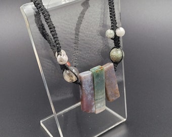 Jasper Stone Pendant and Tree Agate Beads Crystal Black Hemp Necklace