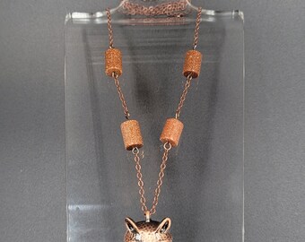 Goldstone and Fox Pendant Necklace