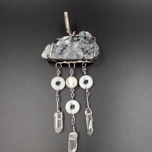 Wire Wrapped Larvikite Cloud Quartz Beaded Statement Pendant