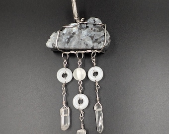 Wire Wrapped Larvikite Cloud Quartz Beaded Statement Pendant
