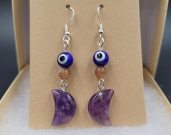 Amethyst Moon Evil Eye Ward Nazar .925 Silver Earrings