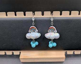 Rainbow Pearlescent Rain Cloud Upcycled Beads .925 Silver Earrings