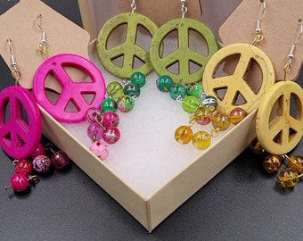 Upcycled/Repurposed Neon Dyed Howlite Peace Sign Glass Bead .925 Silver Hippie Statement Earrings
