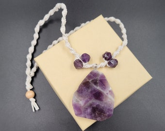 Chevron Amethyst Crystal Stone Pendant and Carved Beads White Cord Hemp Necklace
