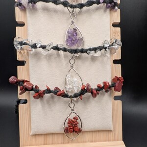 Crystal Stone Chips Wire Wrapped Tree of Life Pendant and Crystal Chip Hemp Necklace