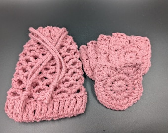 100% Cotton Crochet Cat Ears Face Round Scrubby and Soap Saver/Wash Bag