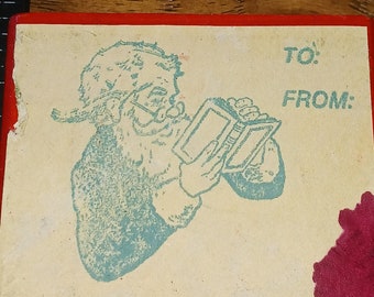 Santa reading list,to from,tag,paper top rubber Stamp,unknown maker, used,(B29)