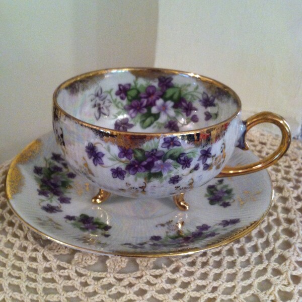Vintage Porcelain Footed Teacup and Saucer with Violets - Trimont Ware Japan