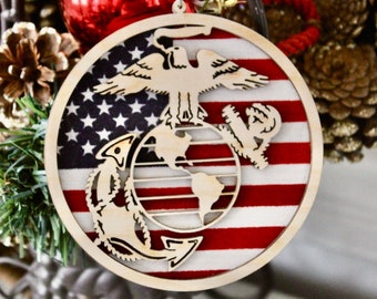 Marine Corps Christmas Ornament, Handmade Wood Ornament, USMC Gift Tag, US Marine Secret Sister Gift, Secret Santa Gift, Military Ornament