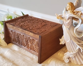 Wooden Urn For Human Ashes - Wooden Memorial Box Carved - Keepsake Cremation Urns - Cremation Boxes For Burial - Ornate Box