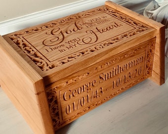 Personalized Carved Wood Box Urn, Wooden Cremation Urn, God Has You in His Arms, I Have You in My Heart, Unique Urns