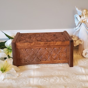 Handcrafted Solid Cherry Wood Cremation Urn Box with Detailed Carvings for Cremains