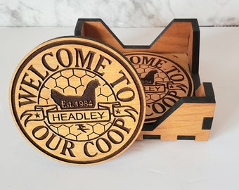 Personalized Last Name Wood Drink Coasters - Welcome to Our Coop Chicken Decor - Solid Cherry - Laser Engraved - Handcrafted - One of a Kind