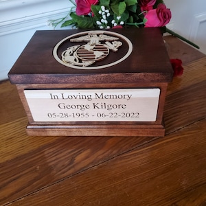 USMC Cremation Urn made of Wood - Marine Corps Urn Box for Human Ashes - Veteran Memorial Personalized Urns - Military Urn for Adult Ashes