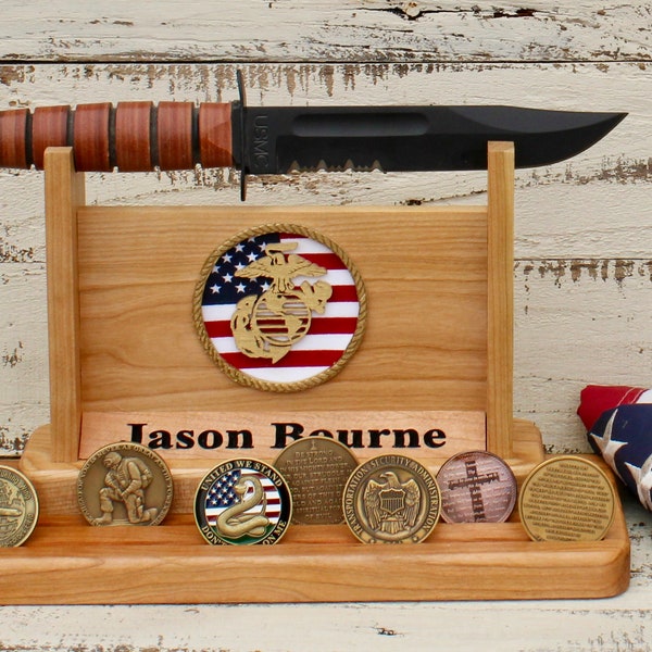 USMC personalized gift wood display stand for knife and challenge coin Marine Corps