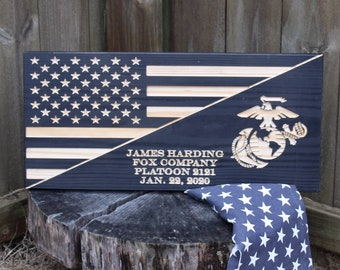 Personalized Marine Corps American Flag Engraved Wood Sign, Split American Flag and USMC Carved Bootcamp , Enlisted or Retired Marine Plaque