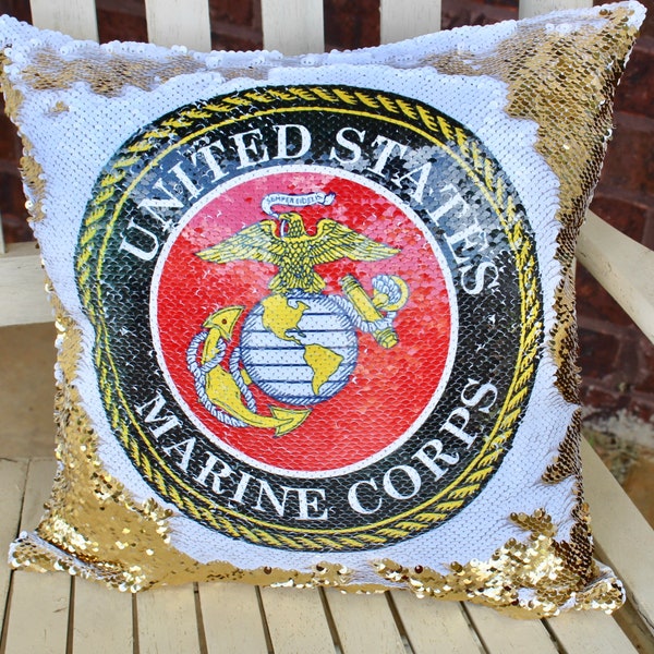 Marine Corps Sequin Pillow  Cover- Flip Pillow Decorative Pillow  Case With Sequins For USMC Moms Girlfriend - Gift for Military