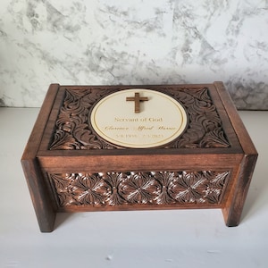 Religious Cross Cremation Urn for Adult Ashes, Wooden Box Keepsake Urn, Personalized Engraved and Carved Details,  Person of Faith Urn