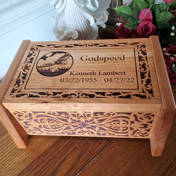 Flying Eagle Wooden Cremation Box for Human Ashes - Nature Lover Cremation Urn for Adult Ashes - Outdoor Scene Personalized Cremation Urn