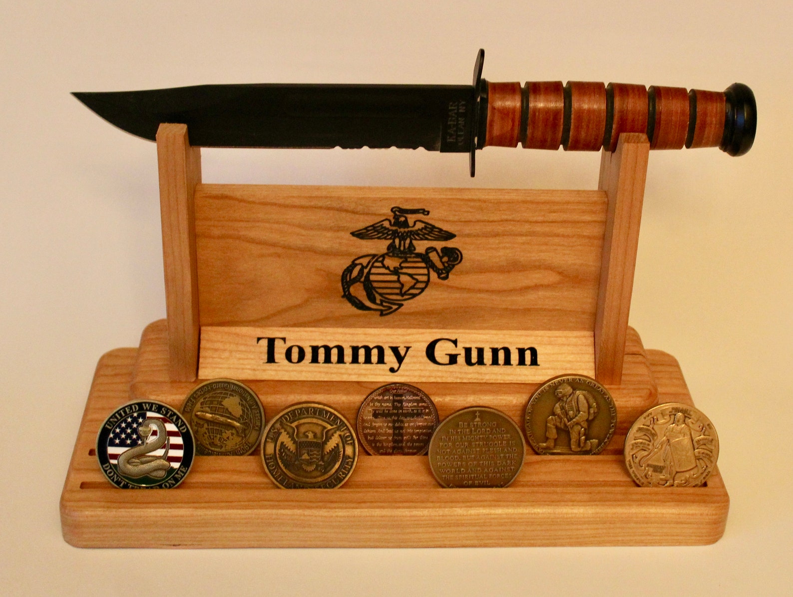 Personalized Marine Corps Ka Bar Knife Stand With Challenge Etsy