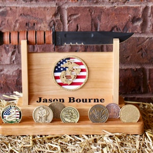USMC personalized gift wood display stand for knife and challenge coin Marine Corps