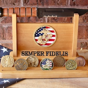 Marine Corps Wood Display Stand For Knife And Challenge Coins - Semper Fidelis and EGA - Veteran Gift