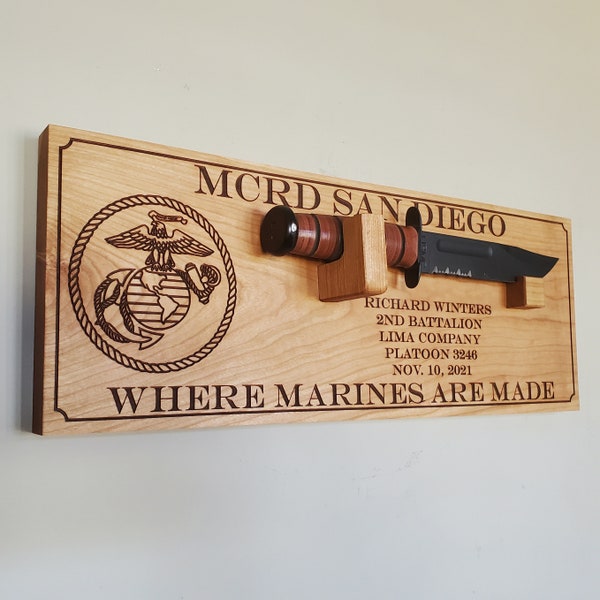 USMC bootcamp graduation gift, Personalized Ka bar Marine knife wall mount display, Custom wood graduation plaque for military