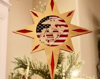 USMC Christmas Tree Topper Made Of Wood With EGA And American Flag, Marine Corps Holiday Decorations