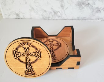 Celtic Cross Solid Wood Drink Coasters Set of 4 with Caddy Holder