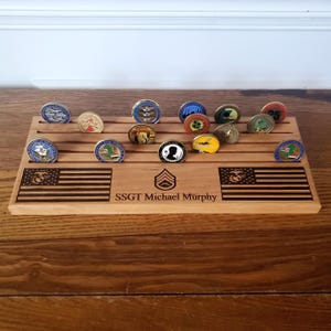 Personalized USMC Challenge Coin Display - Marine Corps Wooden Coin Holder - Engraved Military Gift for Veterans and Active-Duty Service
