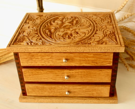 Handmade Wood Jewelry Box Made From Walnut And Oak Ornate Etsy