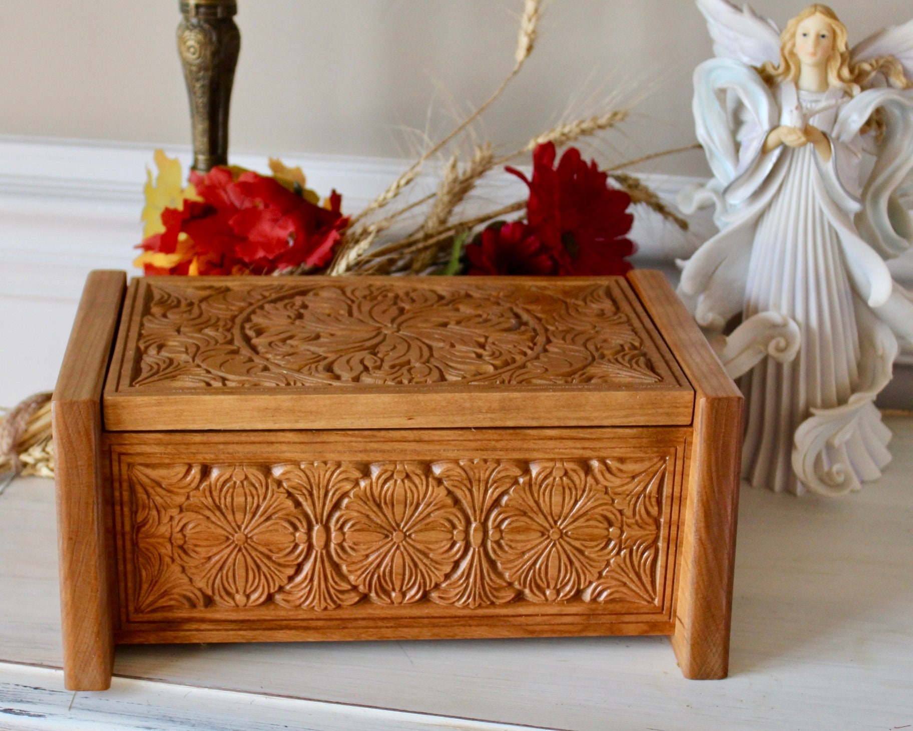 Wooden Urn for Human Ashes - Wooden Memorial Box Carved - Keepsake ...