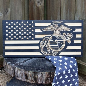 American Flag With USMC EGA Emblem Carved in Solid Premium Pine and Painted Black Wood Sign, Wooden Plaque For Military Handcrafted