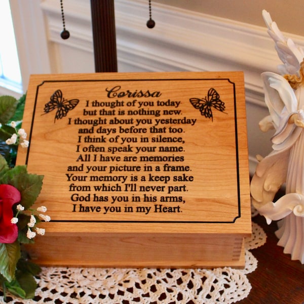 Personalized Wooden Urn For Human Ashes - Wooden Memorial Box Carved - Keepsake Cremation Urns - I Thought of You Today Quote