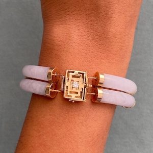 Vintage Lavender Jade Double Link Bracelet with 14 K Gold Hinges, 14K Gold Clasp with one Diamond